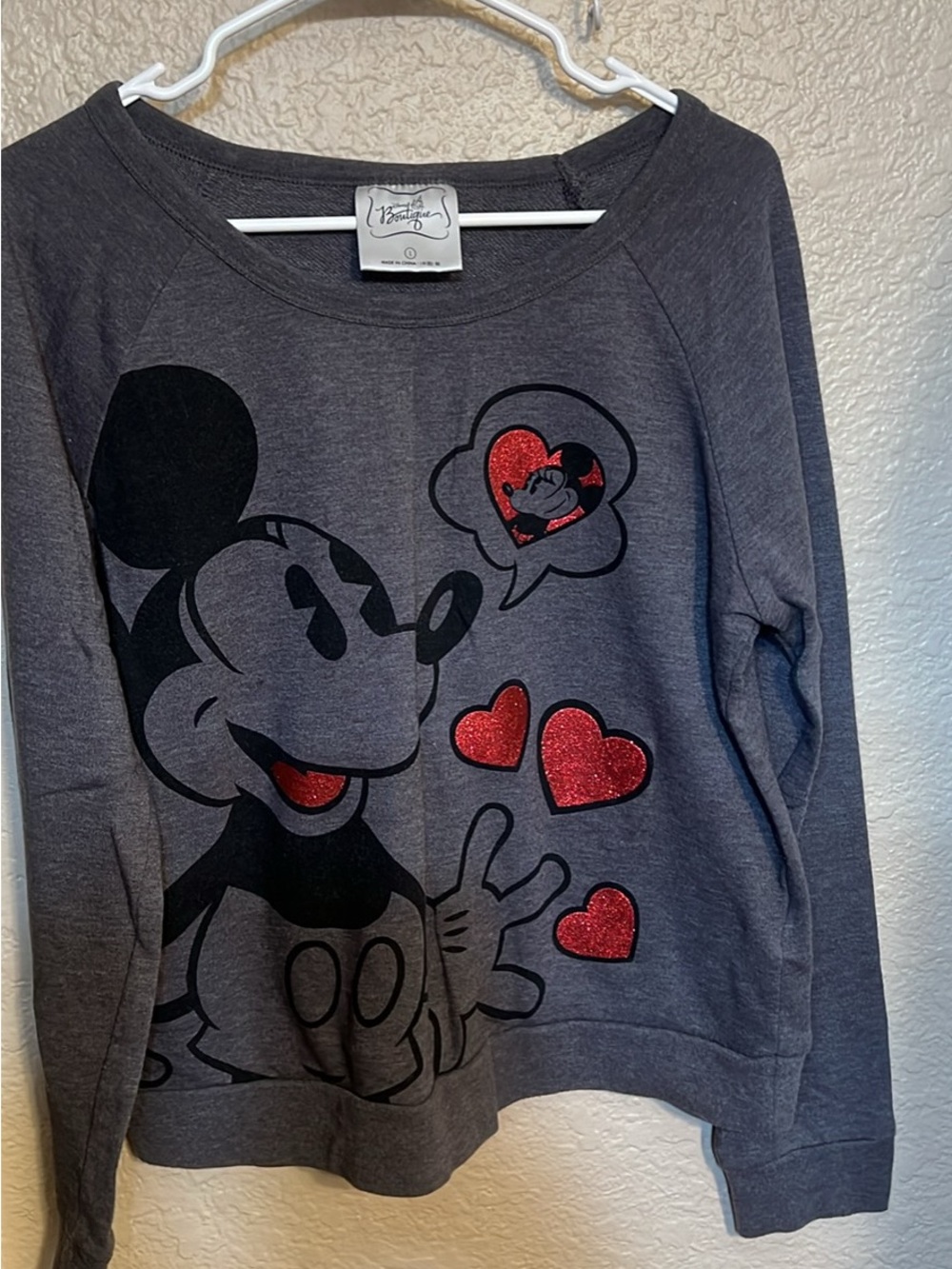 Disney Gray Mickey Mouse Sweatshirt with Red Glitter Hearts